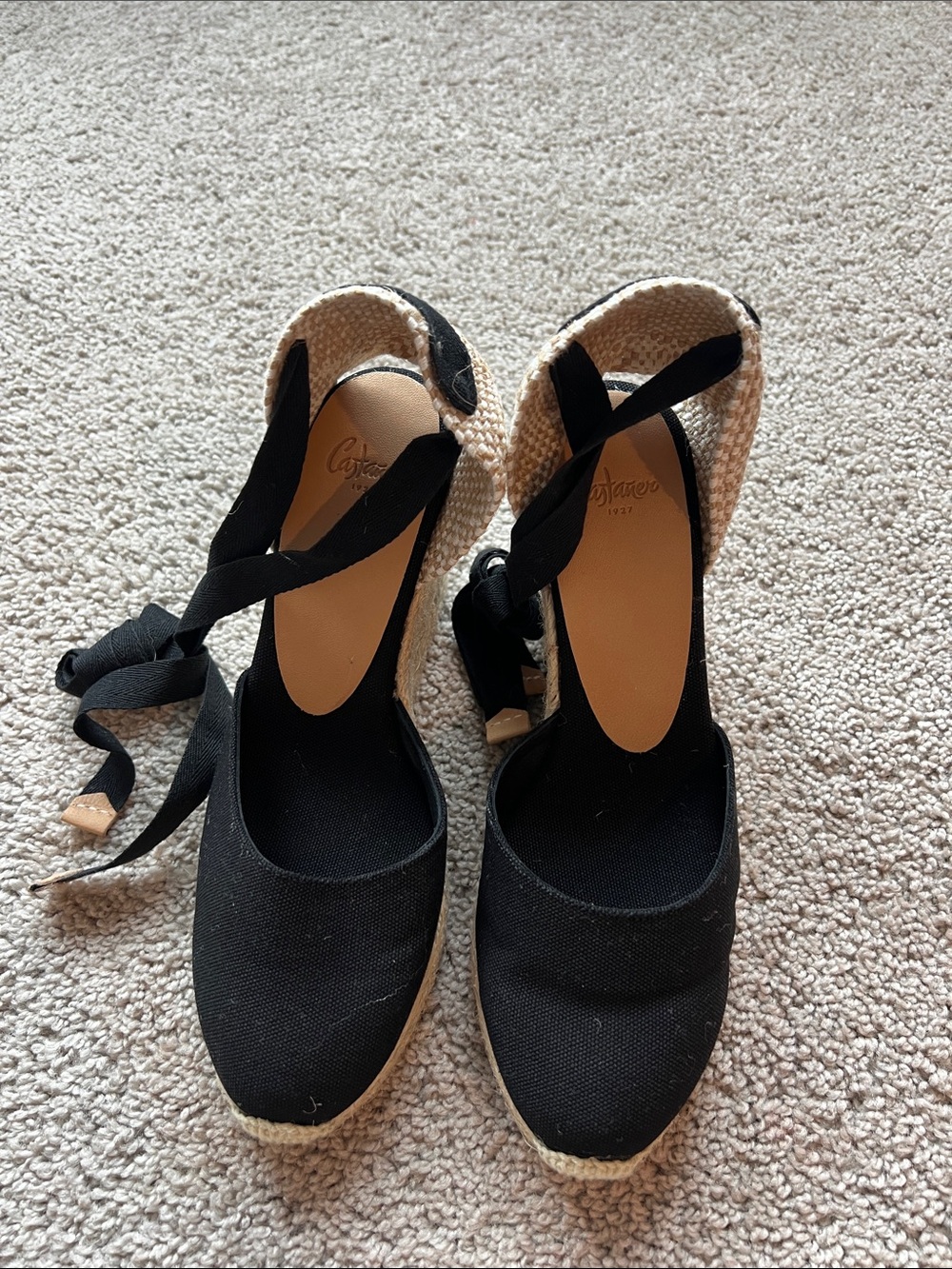 Castaner Black Canvas Espadrille Wedges with Ankle Wrap